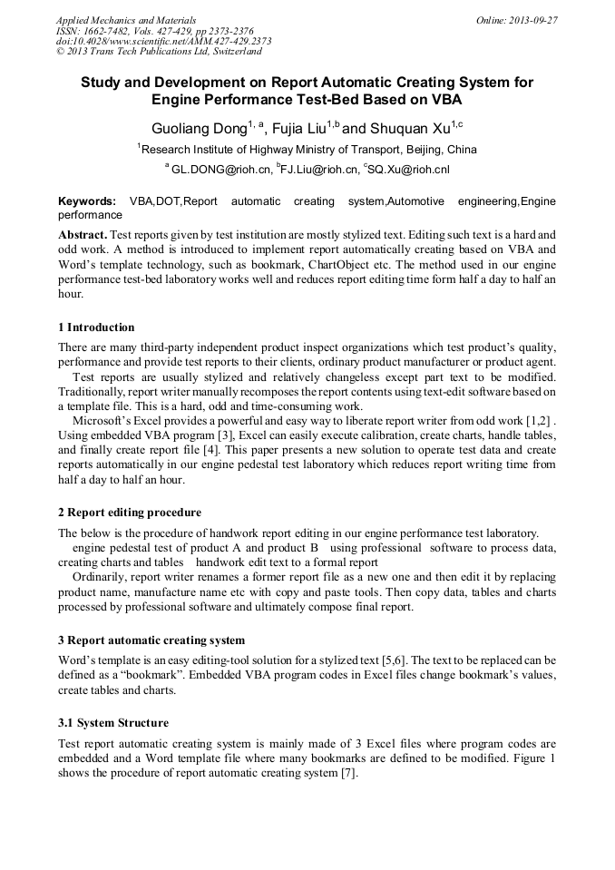 Study and Development on Report Automatic Creating System for Engine