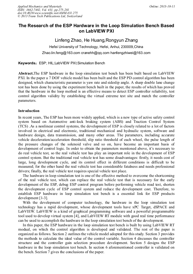 The Research of the ESP Hardware in the Loop Simulation Bench Based on