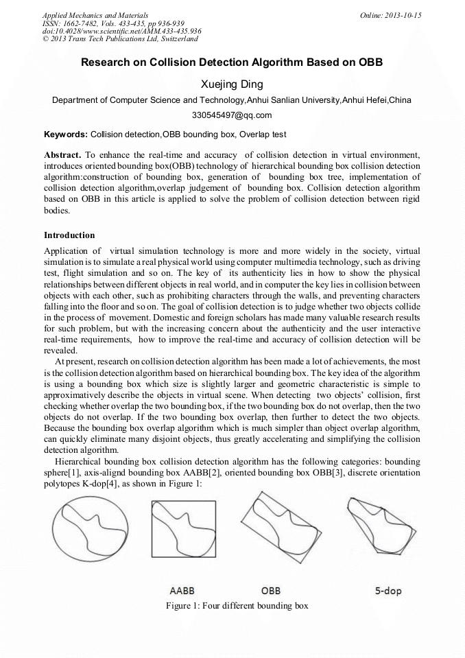 Research on Collision Detection Algorithm Based on OBB | Scientific.Net