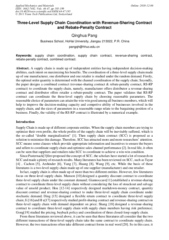 ThreeLevel Supply Chain Coordination with RevenueSharing Contract and