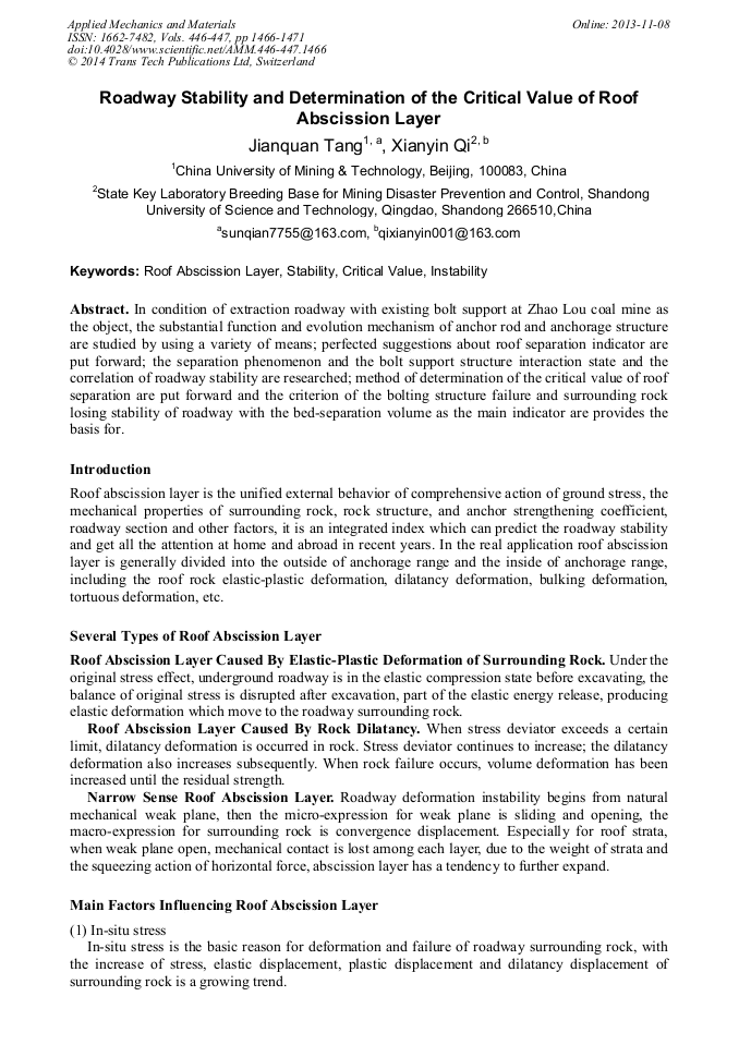 Roadway Stability And Determination Of The Critical Value Of Roof