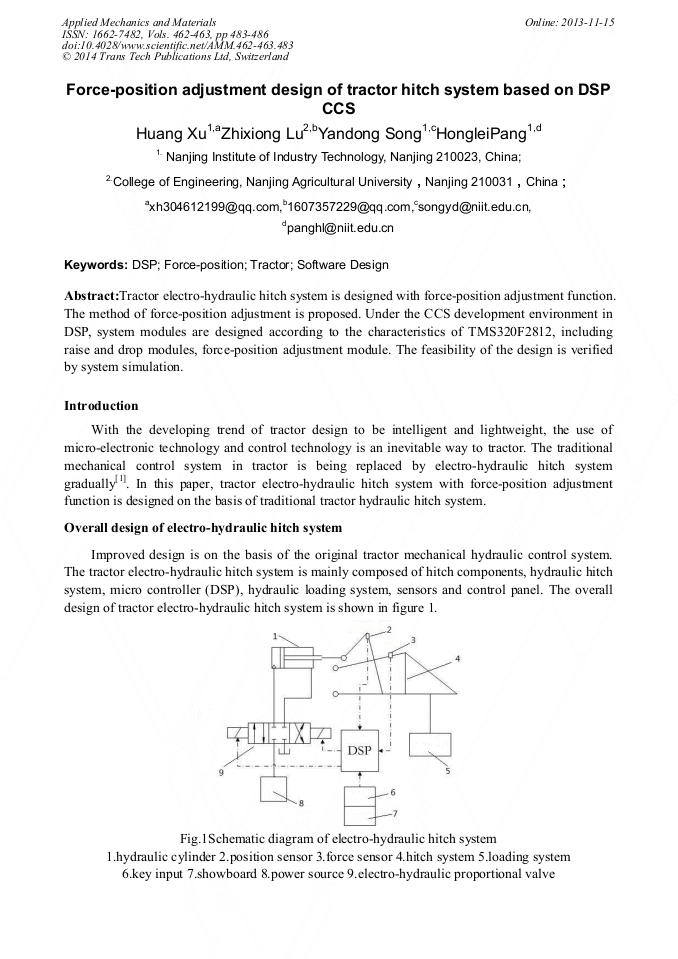 ForcePosition Adjustment Design of Tractor Hitch System Based on DSP