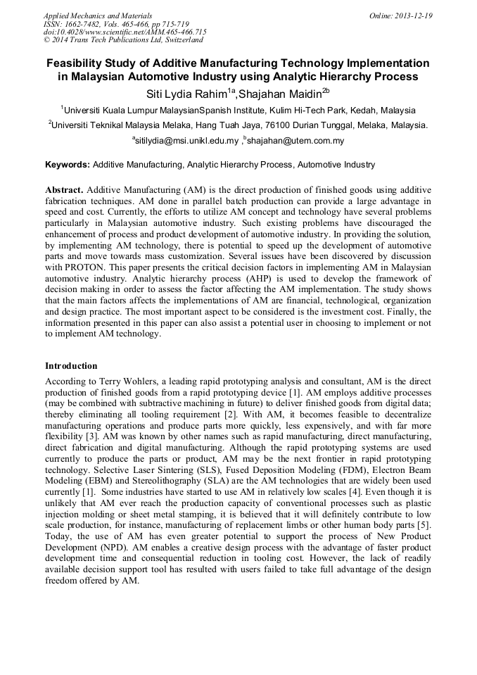 Feasibility Study of Additive Manufacturing Technology Implementation