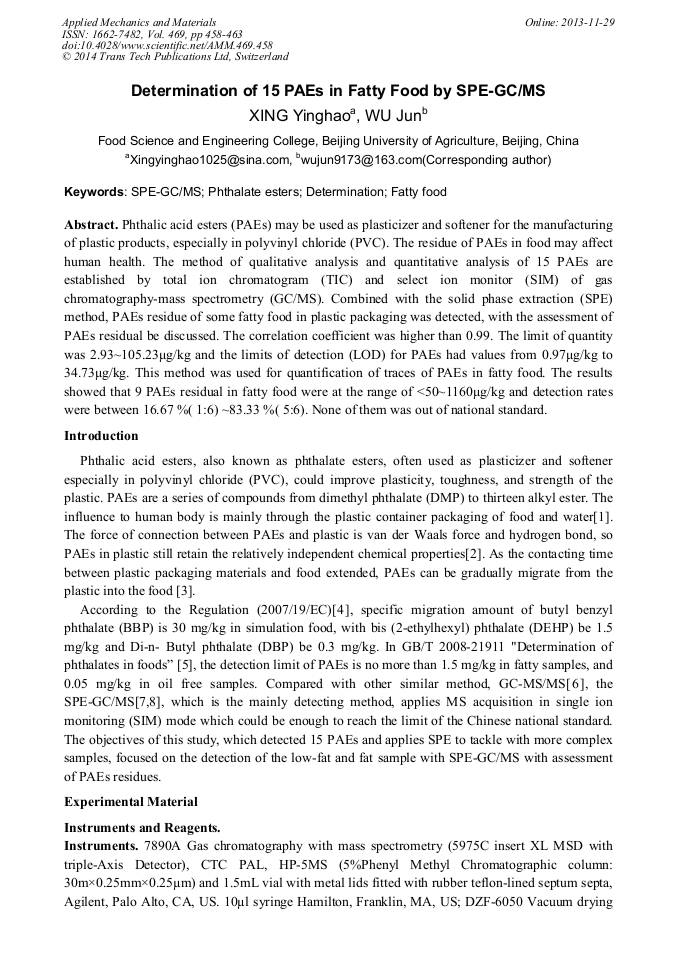 Determination of 15 PAEs in Fatty Food by SPEGC/MS