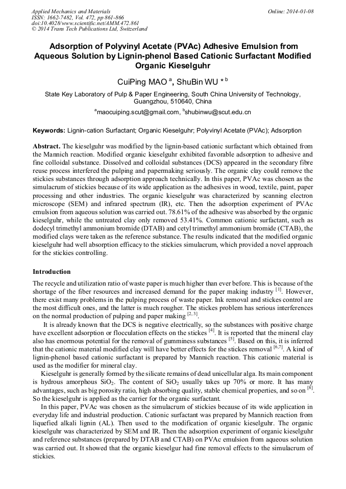 Adsorption of Polyvinyl Acetate (PVAc) Adhesive Emulsion from Aqueous