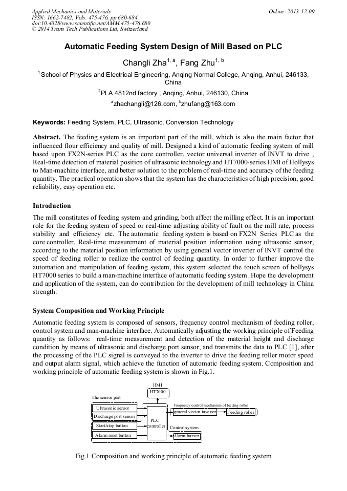 Automatic Feeding System Design of Mill Based on PLC | Scientific.Net