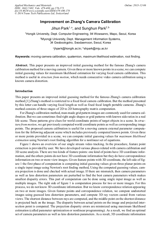 Improvement on Zhang's Camera Calibration