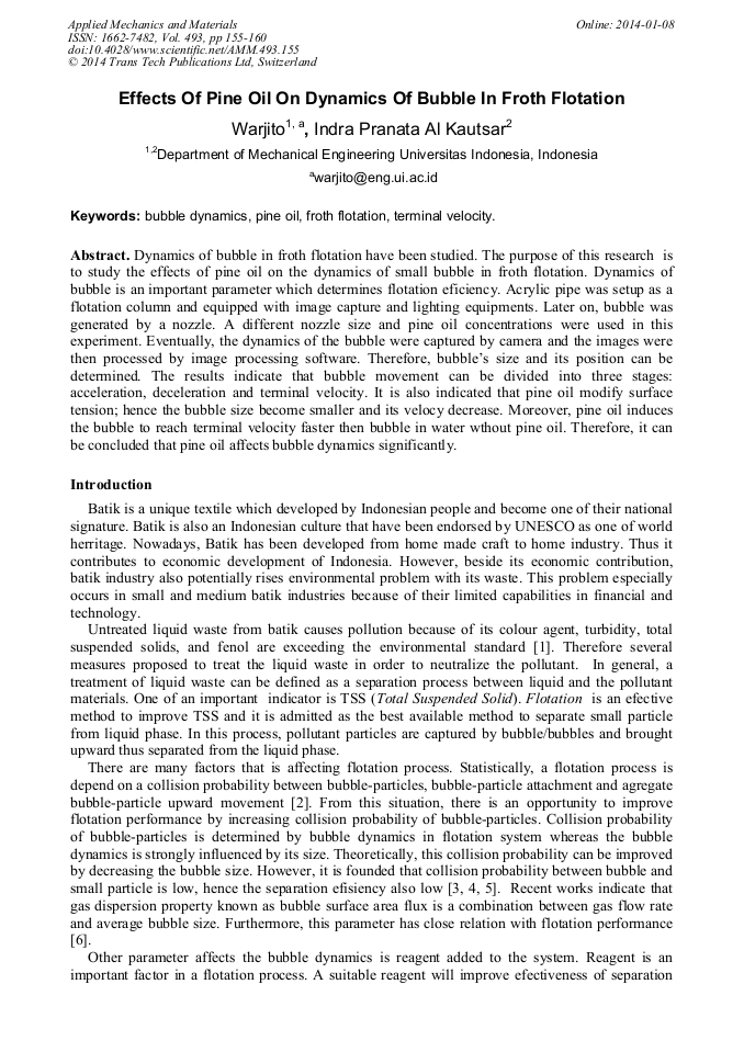 Effects of Pine Oil on Dynamics of Bubble in Froth Flotation