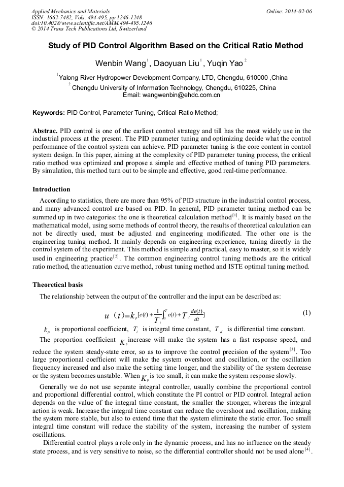 Study of PID Control Algorithm Based on the Critical Ratio Method ...