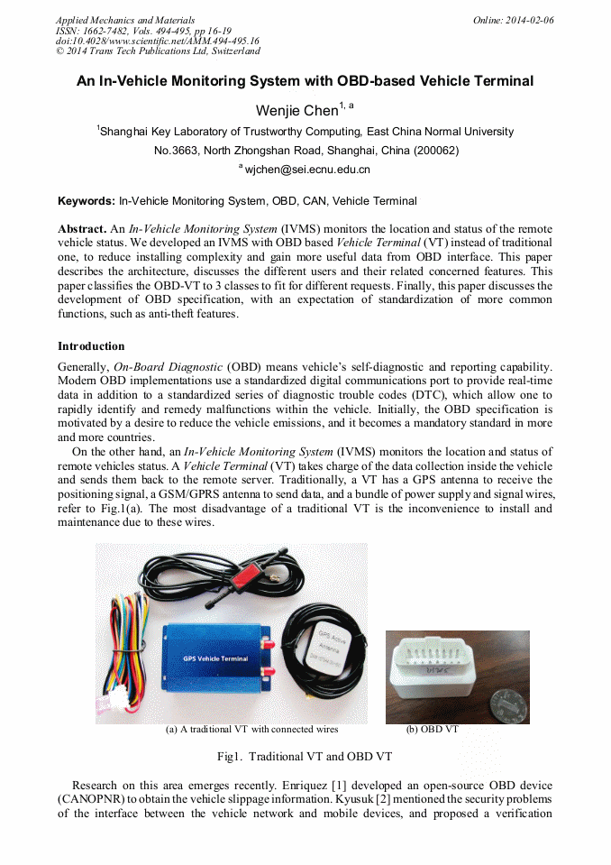 An InVehicle Monitoring System with OBDBased Vehicle Terminal