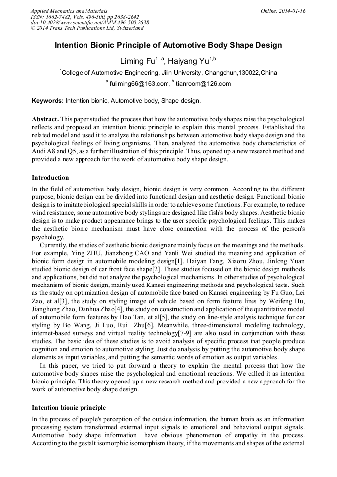 Intention Bionic Principle of Automotive Body Shape Design | Scientific.Net