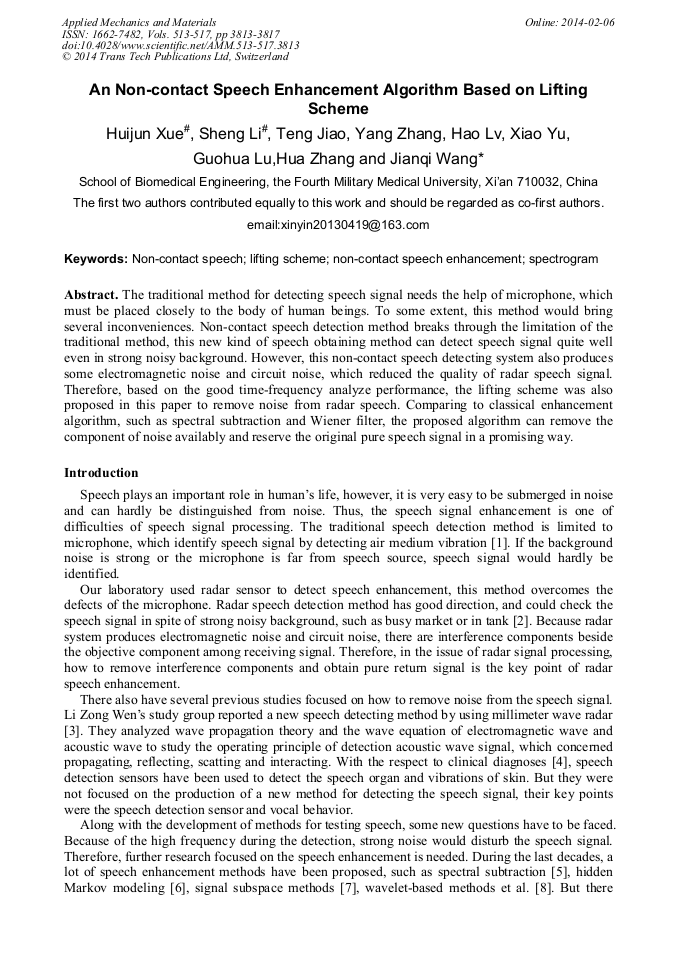 An NonContact Speech Enhancement Algorithm Based on Lifting Scheme