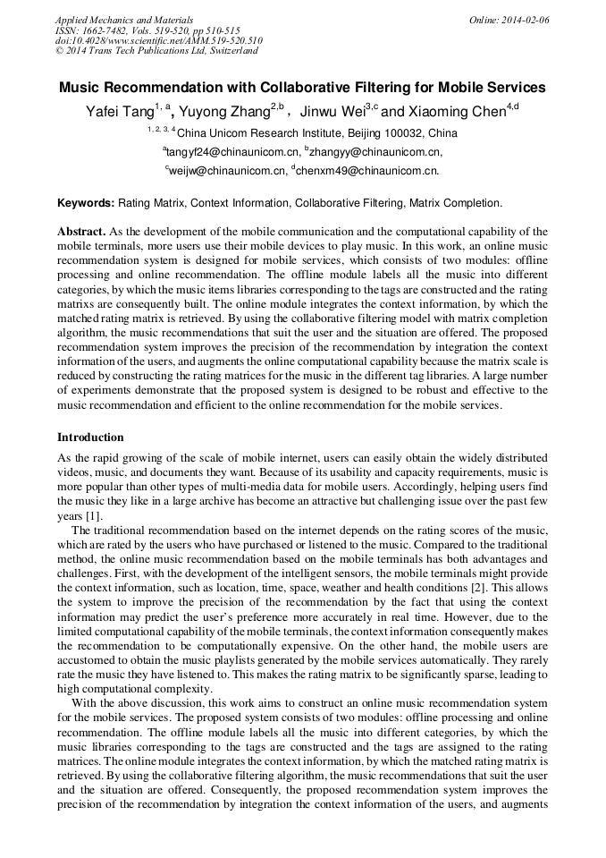 Music with Collaborative Filtering for Mobile Services