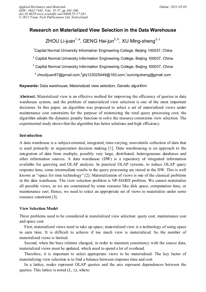 Research on Materialized View Selection in the Data Warehouse