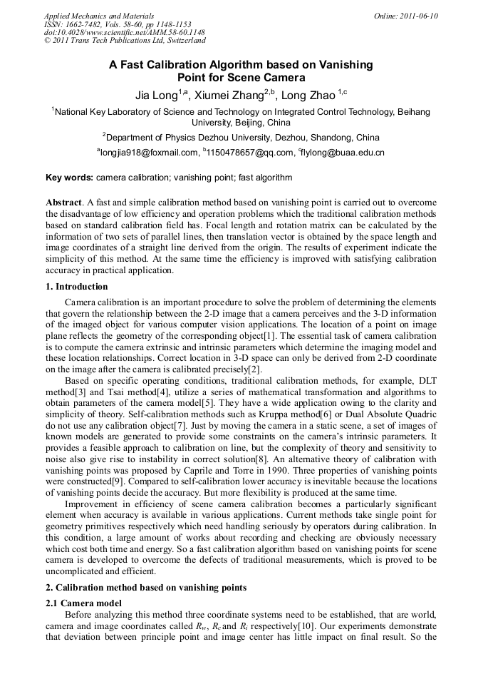 A Fast Calibration Algorithm Based On Vanishing Point For Scene Camera Scientific Net