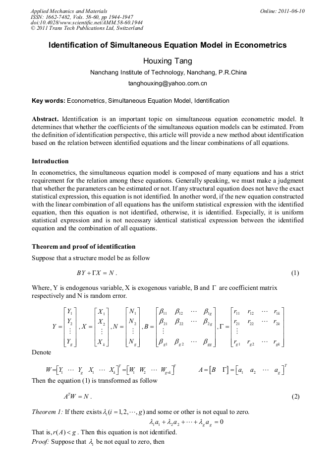 Identification of Simultaneous Equation Model in Econometrics ...