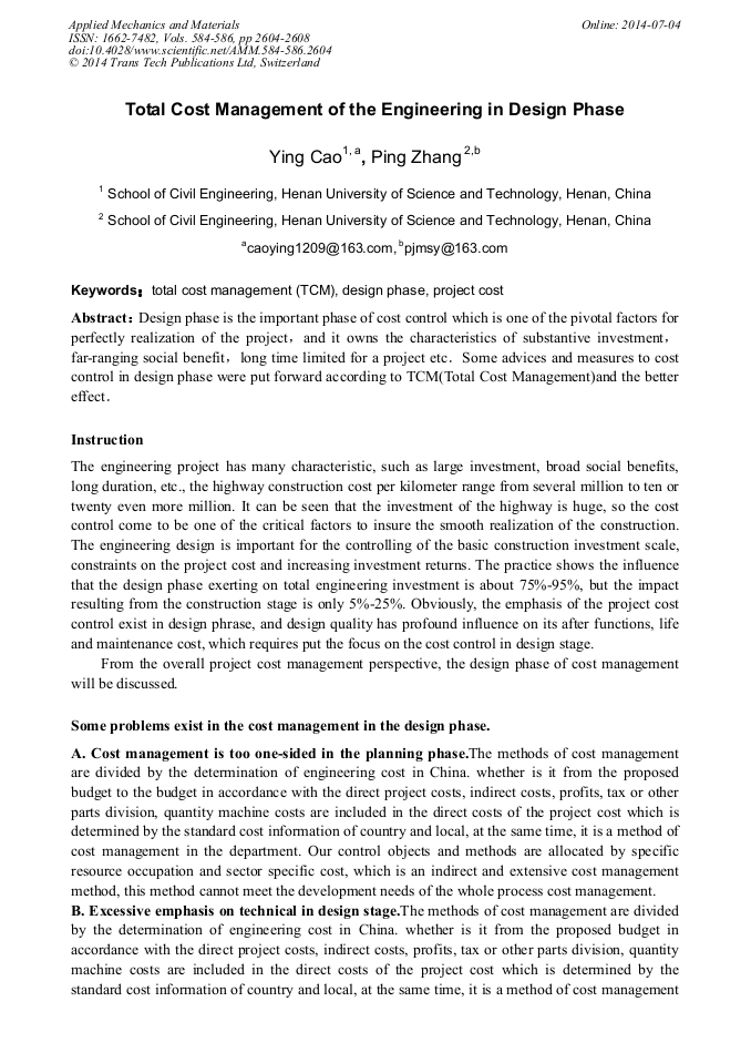 Total Cost Management of the Engineering in Design Phase