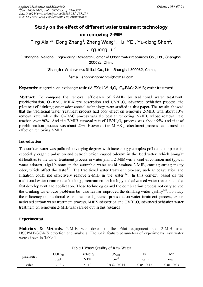 Study on the Effect of Different Water Treatment Technology on Removing