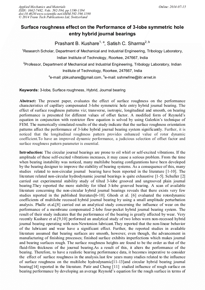 Surface Roughness Effect on the Performance of 3lobe Symmetric Hole Entry Hybrid Journal