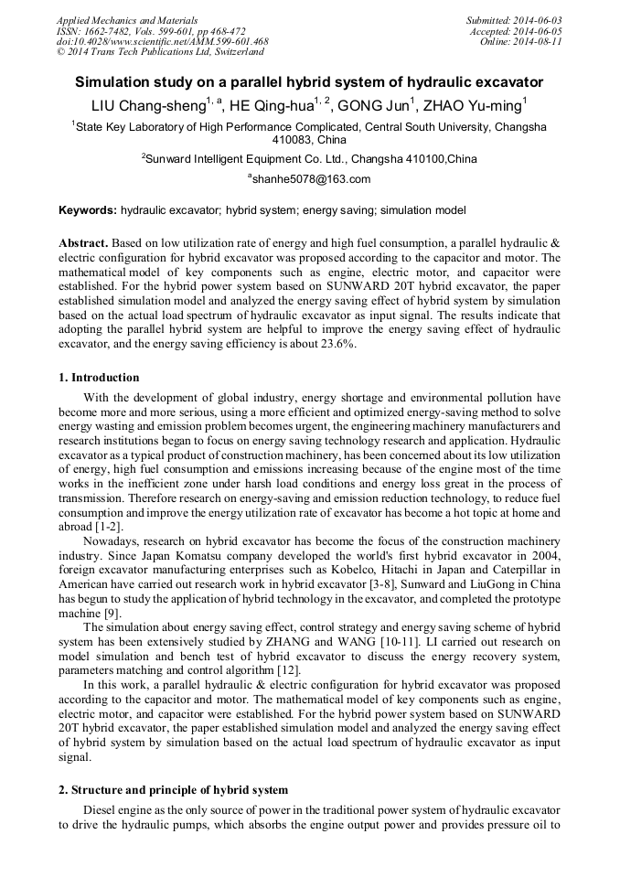 Simulation Study On A Parallel Hybrid System Of Hydraulic - 