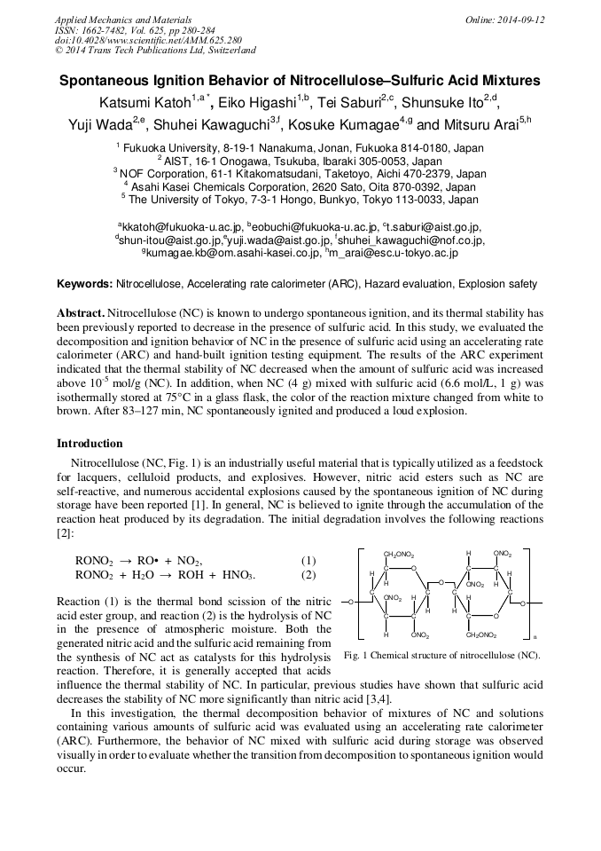 Spontaneous Ignition Behavior of NitrocelluloseSulfuric Acid Mixtures