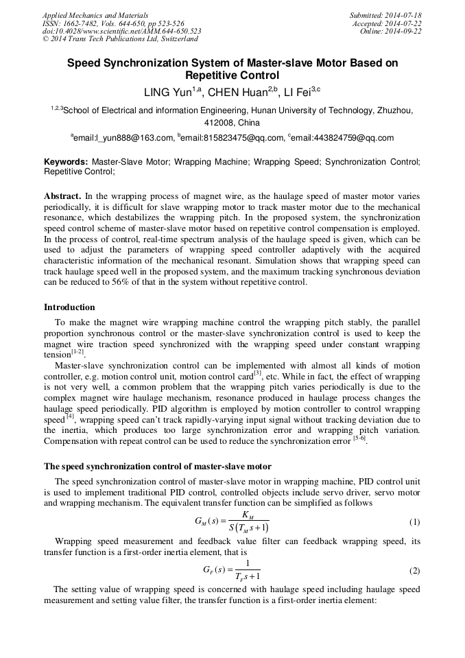 Speed Synchronization System of Master-Slave Motor Based on Repetitive ...
