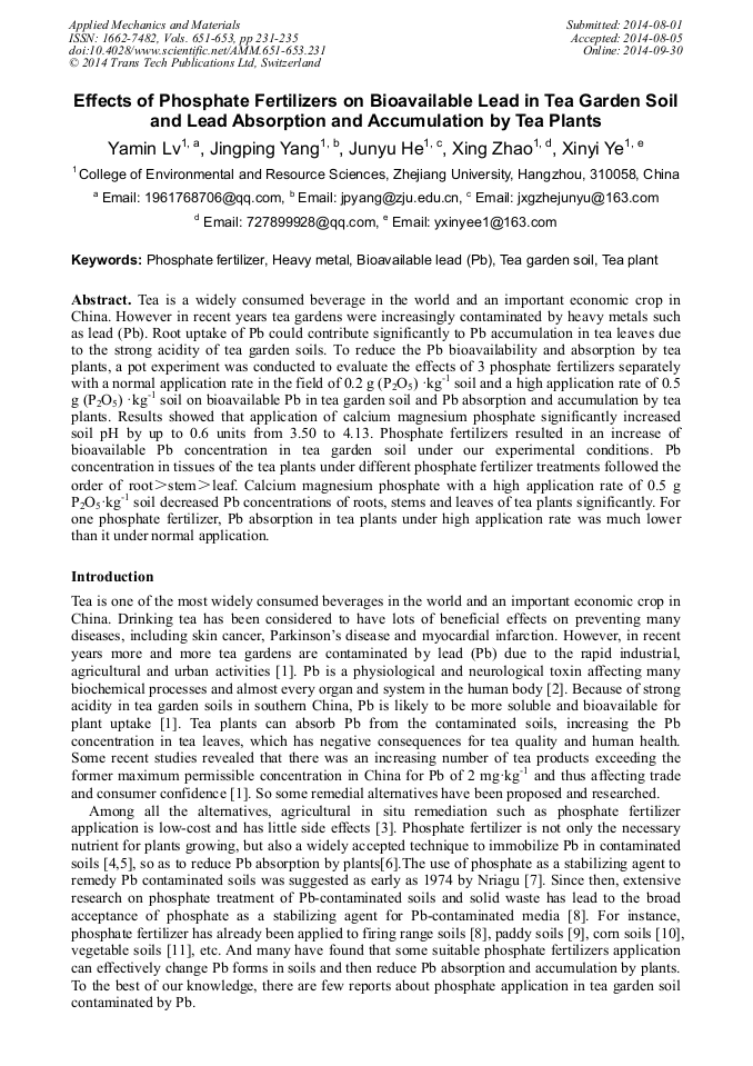 Effects of Phosphate Fertilizers on Bioavailable Lead in Tea Garden