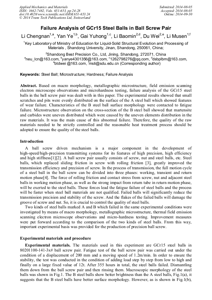 Failure Analysis of GCr15 Steel Balls in Ball Screw Pair