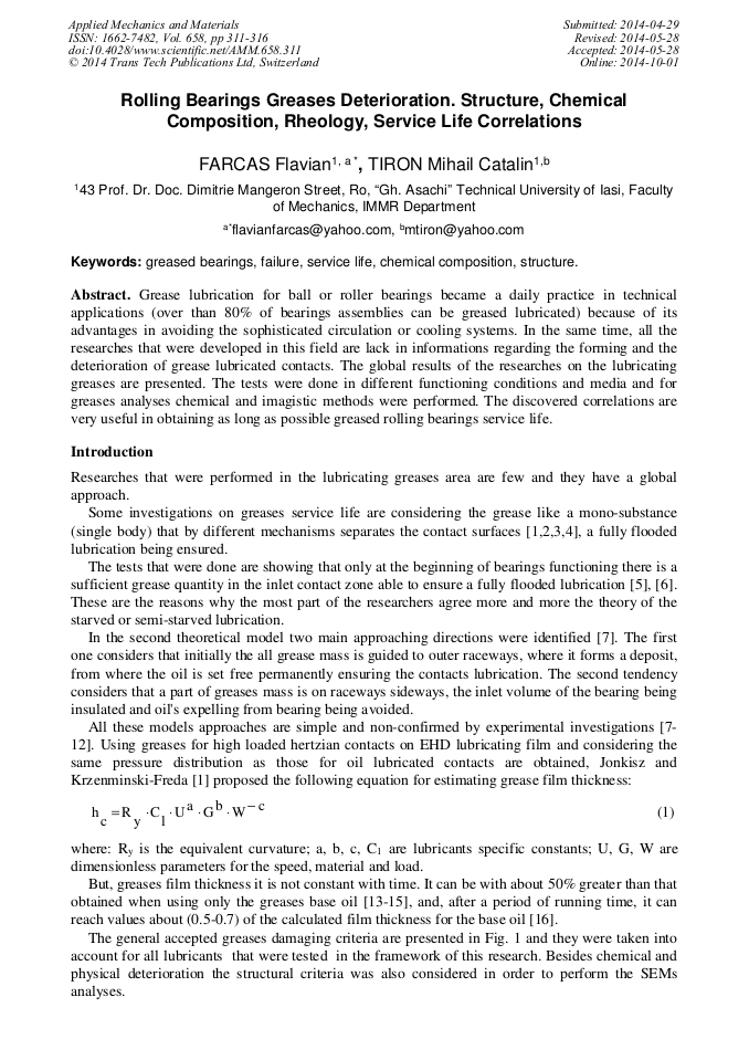 Rolling Bearings Greases Deterioration Structure, Chemical Composition