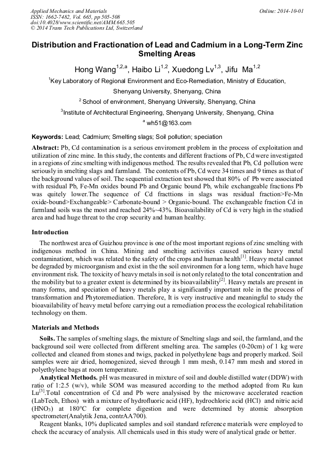 Distribution and Fractionation of Lead and Cadmium in a LongTerm Zinc