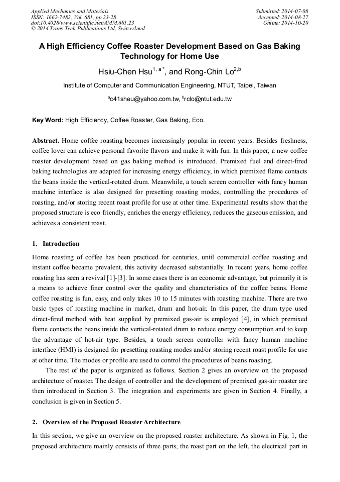 A High Efficiency Coffee Roaster Development Based on Gas Baking