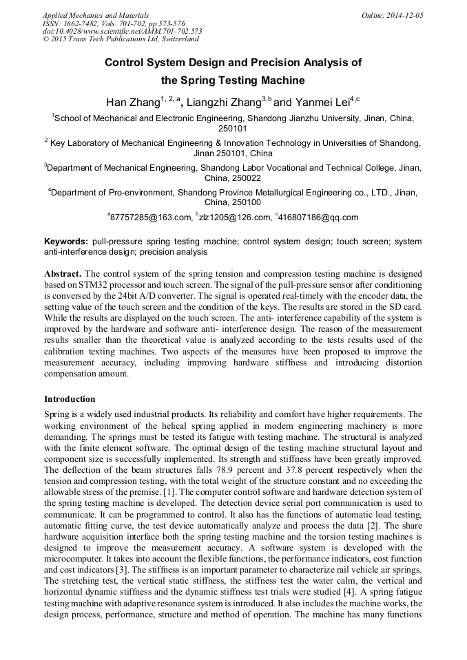 Control System Design and Precision Analysis of the Spring Testing
