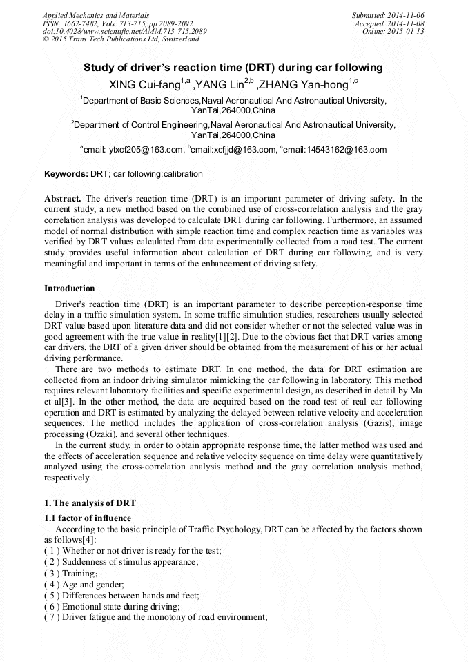 Study of Driver’s Reaction Time (DRT) during Car Following | Scientific.Net