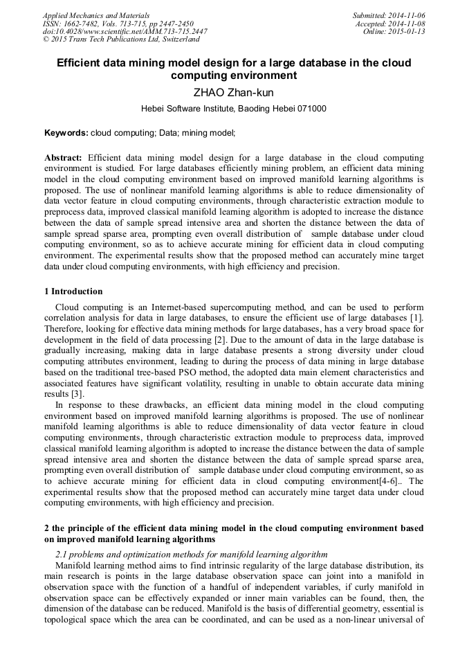Efficient Data Mining Model Design for a Large Database in the Cloud ...