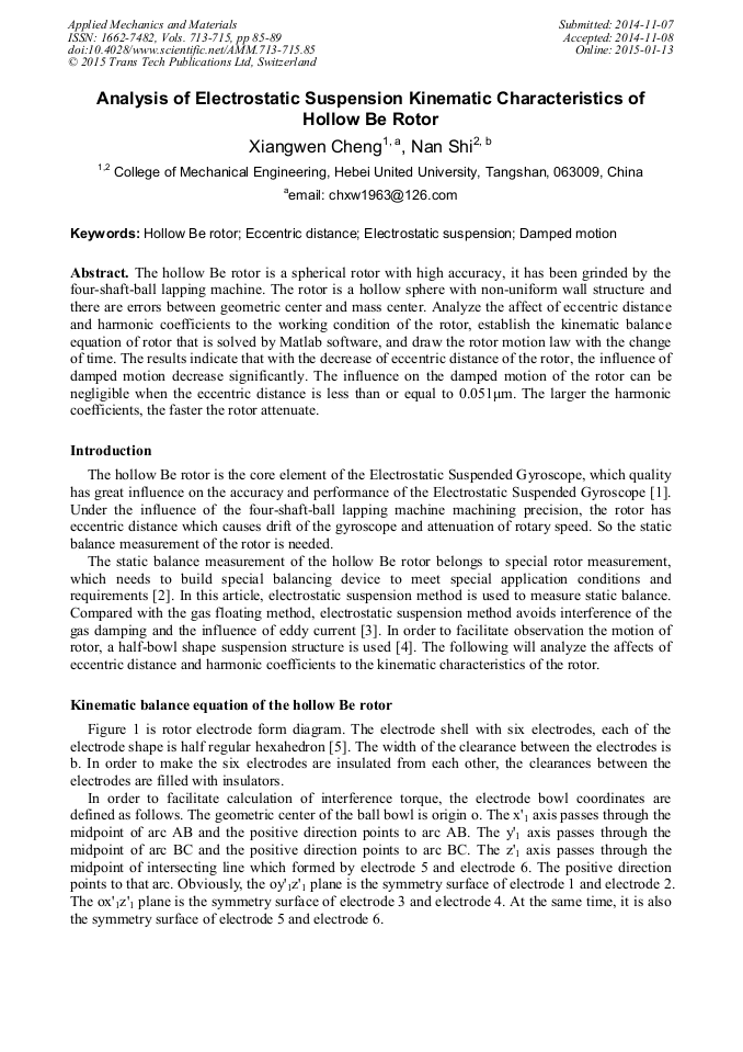 Analysis of Electrostatic Suspension Kinematic Characteristics of Hollow Be Rotor