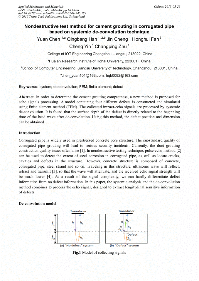 Nondestructive Test Method for Cement Grouting in Corrugated Pipe Based