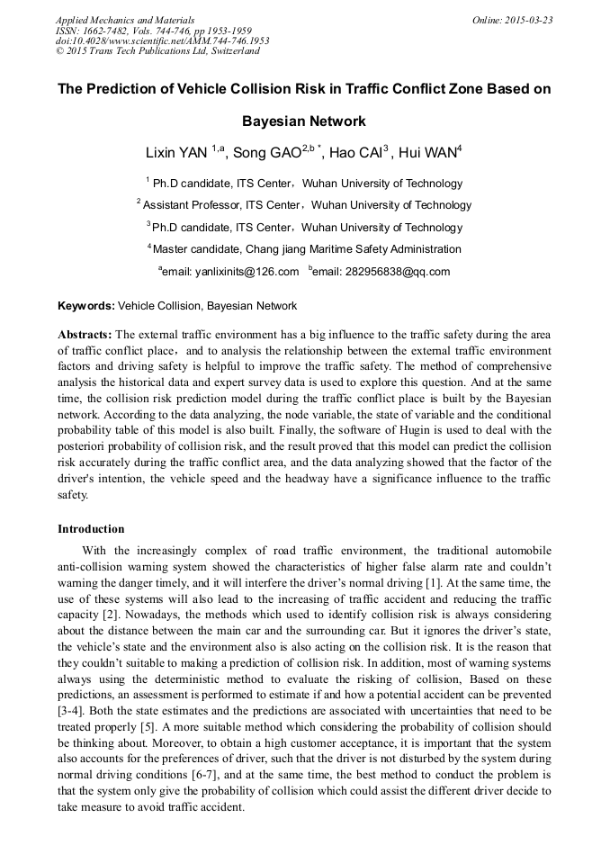 The Prediction of Vehicle Collision Risk in Traffic Conflict Zone Based