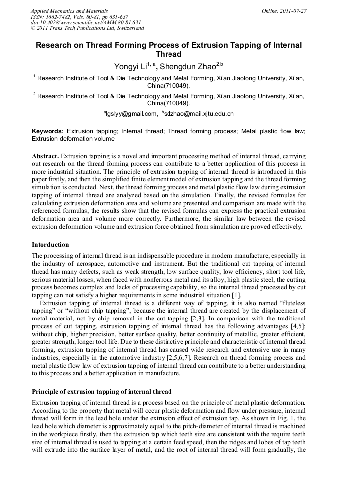 Research on Thread Forming Process of Extrusion Tapping of Internal ...