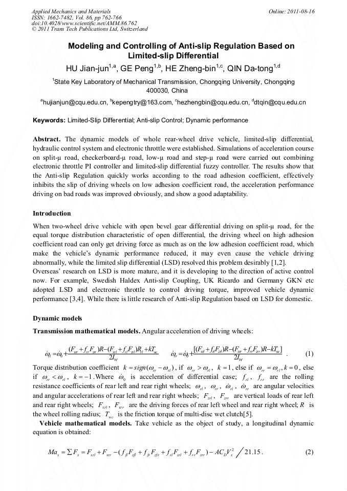 Modeling and Controlling of AntiSlip Regulation Based on LimitedSlip