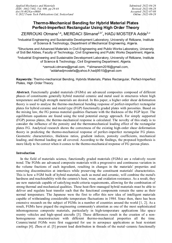 Thermo-Mechanical Bending for Hybrid Material Plates Perfect-Imperfect ...