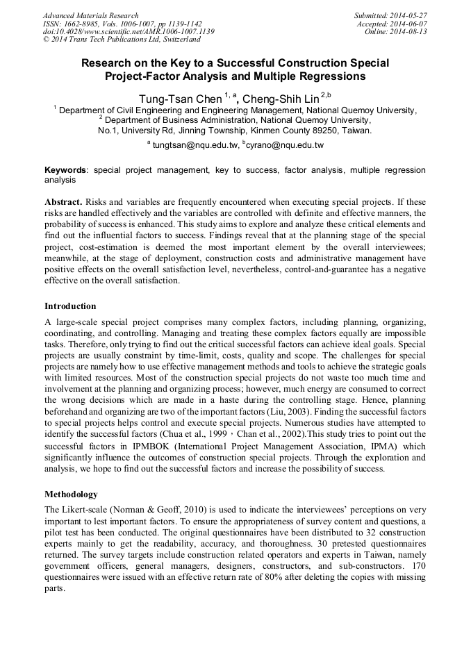 Research On The Key To A Successful Construction Special Project Factor