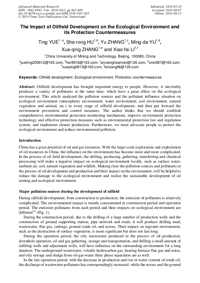 The Impact of Oilfield Development on the Ecological Environment and