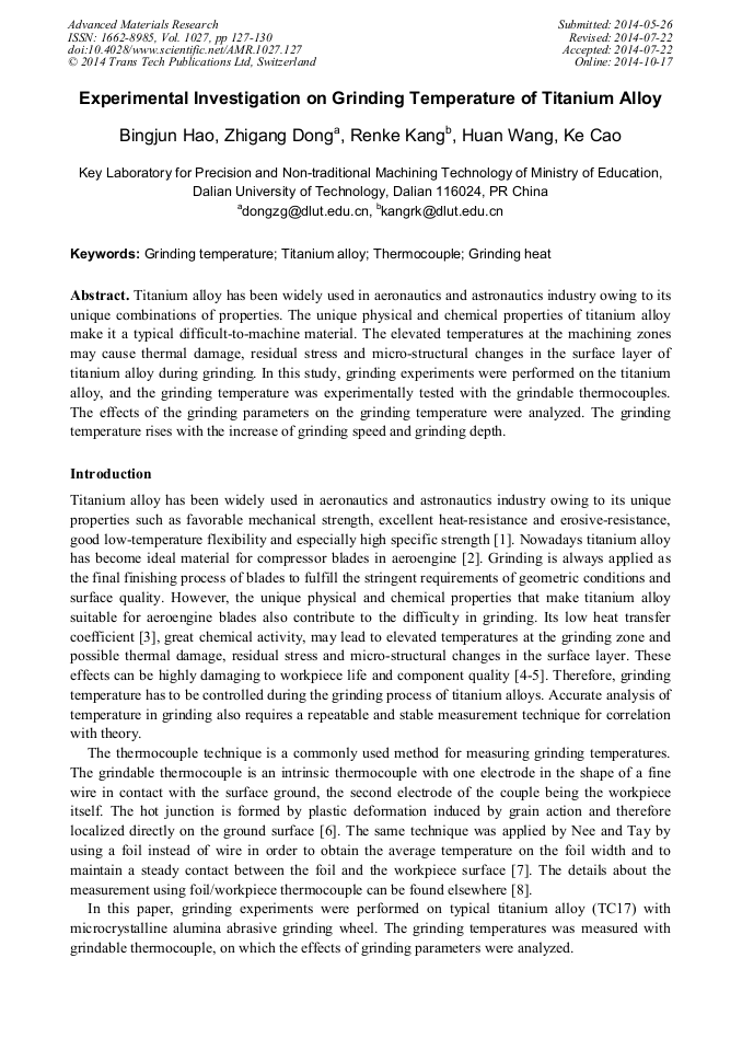Experimental Investigation on Grinding Temperature of Titanium Alloy