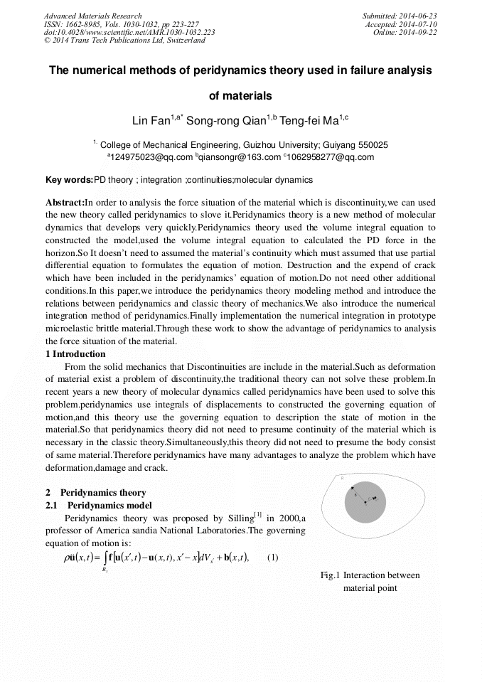 The Numerical Methods of Peridynamics Theory Used in Failure Analysis ...