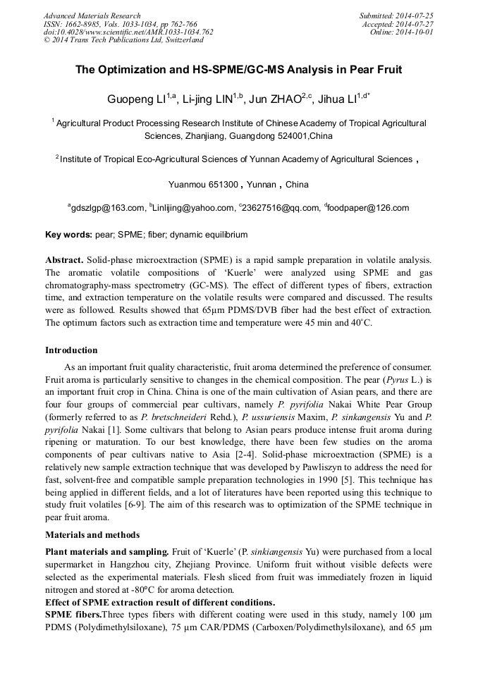 The Optimization and HS-SPME/GC-MS Analysis in Pear Fruit | Scientific.Net
