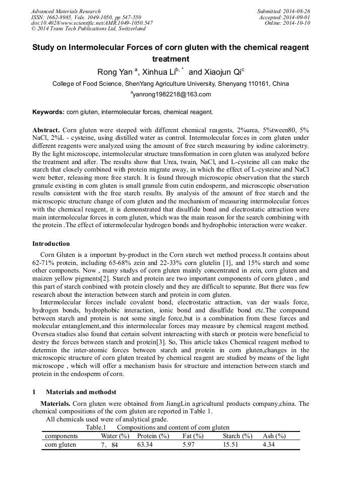 Study on Intermolecular Forces of Corn Gluten with the Chemical Reagent Treatment