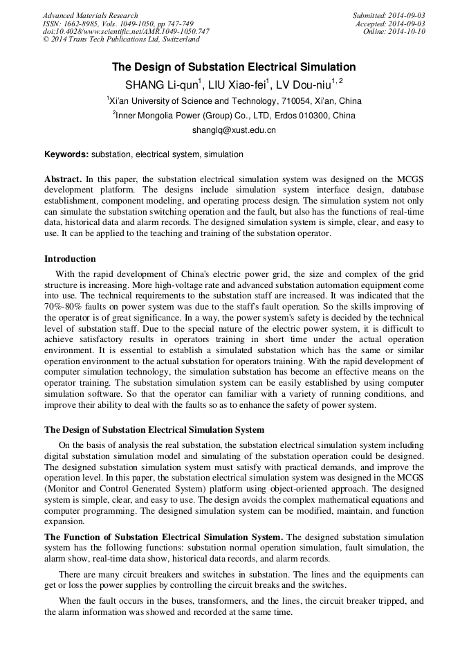 The Design of Substation Electrical Simulation | Scientific.Net