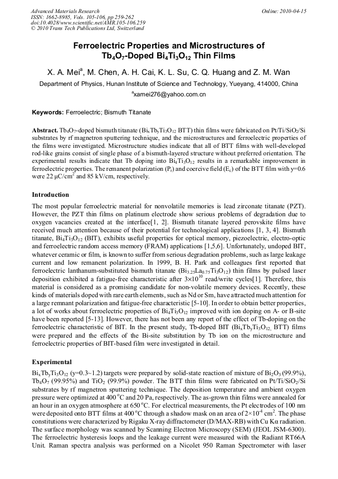 Ferroelectric Properties and Microstructures of Tb4O7-Doped Bi4Ti3O12 ...