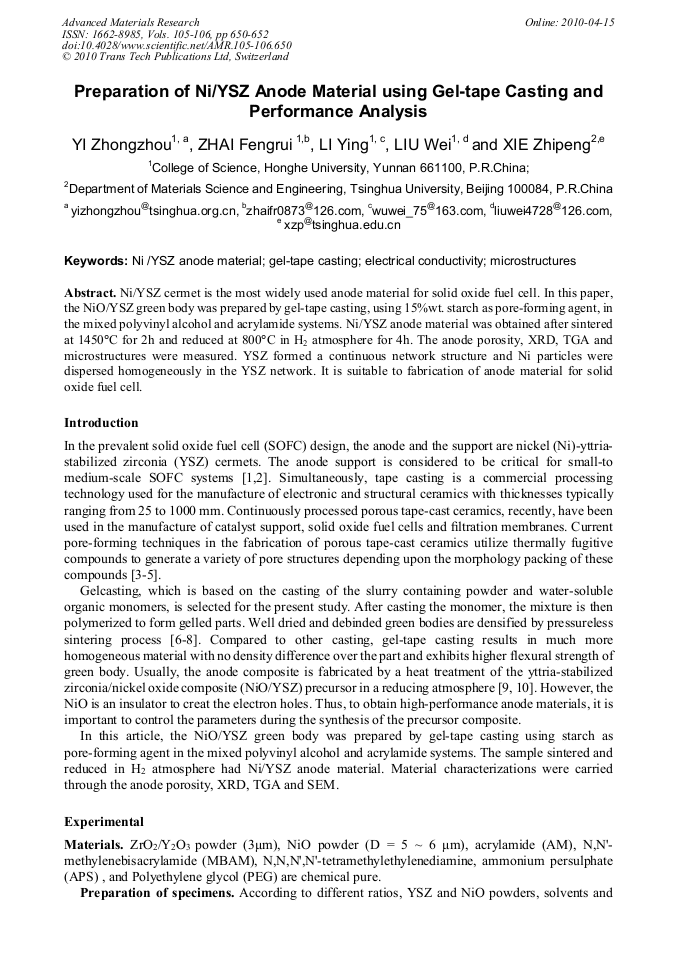 Preparation of Ni/YSZ Anode Material Using GelTape Casting and Performance Analysis