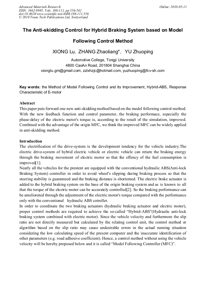 The Anti-Skidding Control for Hybrid Braking System Based on Model ...